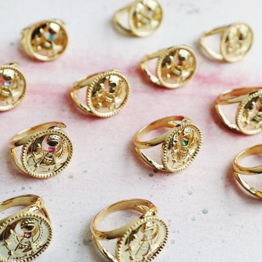 Wanderlust + Co Gold Coin Signet Ring with Colored Stones